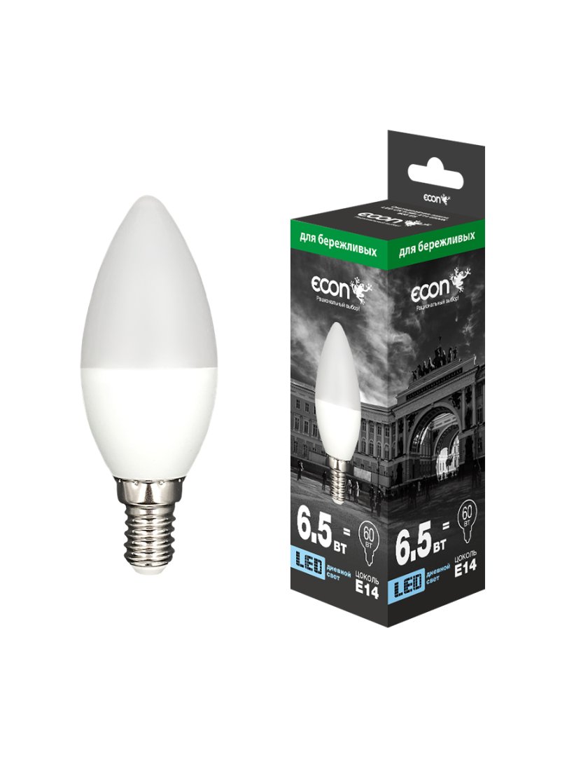 Лампа свд. ECON LED CN 6.5Вт Е14 6500К B35 ES свеча (1/10/100) оптом