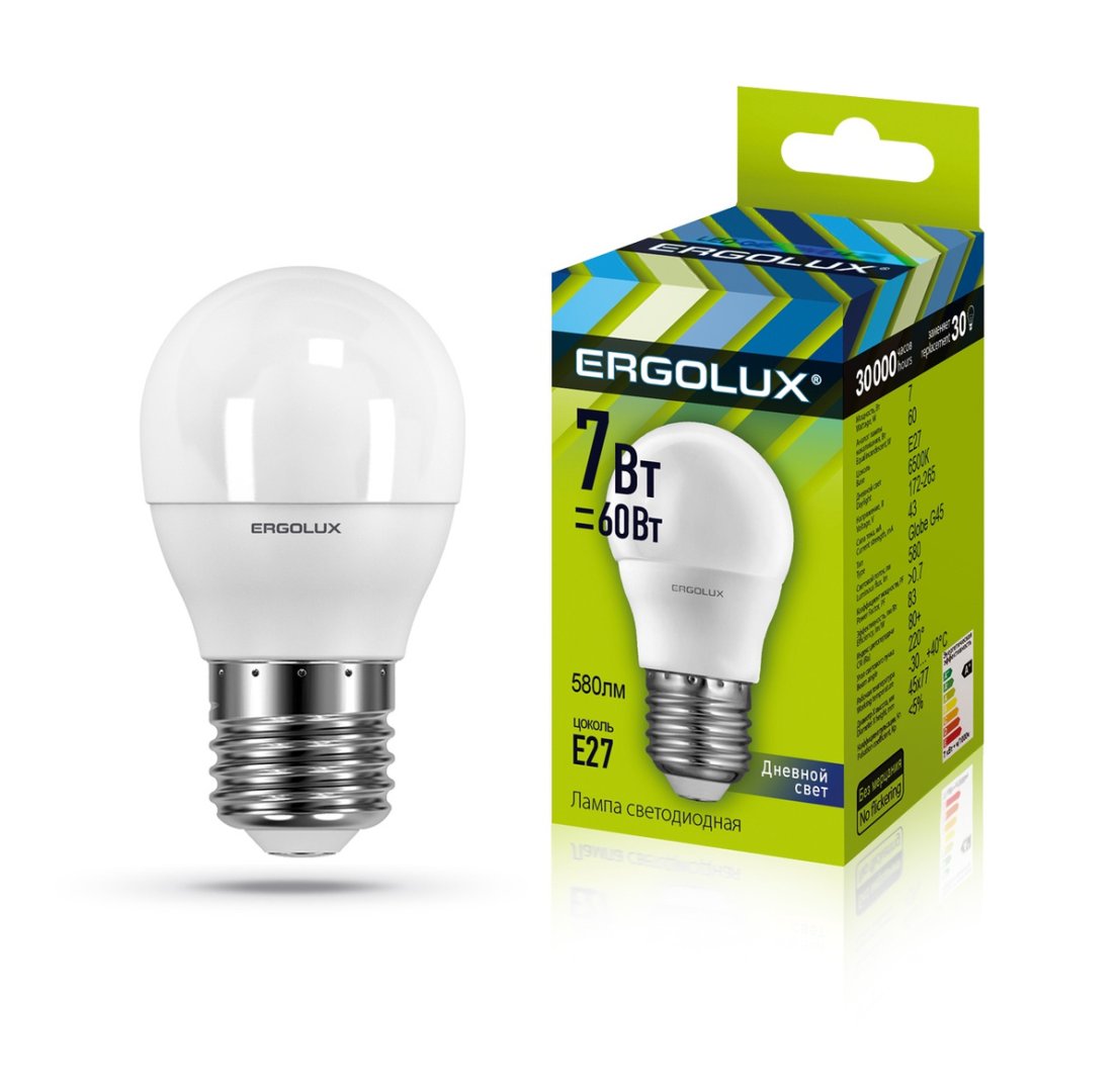 Лампа светод.Ergolux LED-G45-7W-E27-6K Шар (1/10/100) оптом