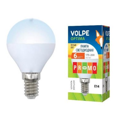Светодиодная лампа VOLPE LED-G45-6W/WW/E14/FR/O тёплый свет (шар) серия Optima (1/100) оптом