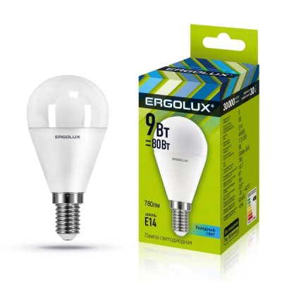 Лампа светод.Ergolux LED-G45-9W-E14-4K Шар (1/10/100) оптом