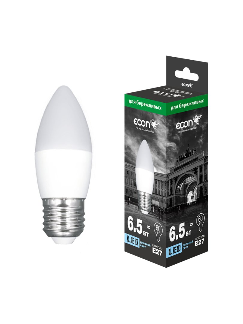 Лампа свд. ECON LED CN 6.5Вт Е27 6500К B35 ES свеча (1/10/100) оптом